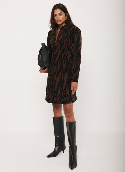 Brown Zebra Print Corduroy Mini Dress