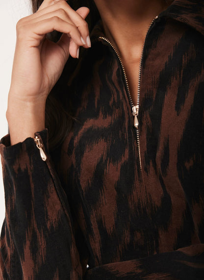 Brown Zebra Print Corduroy Mini Dress