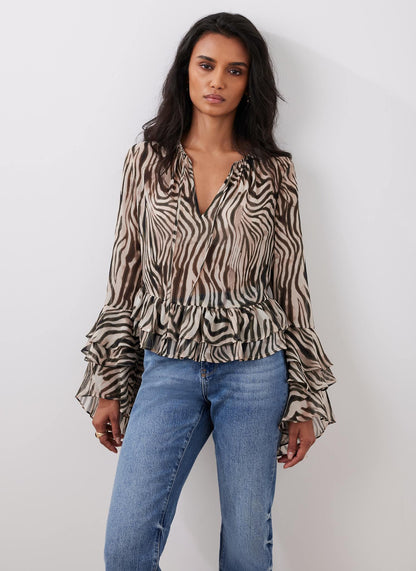 Black Zebra Print Ruffle Top